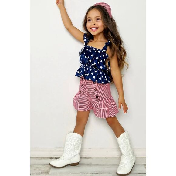 Mia Belle Girls 10/12 Patriot Stars Top and Striped Short Set 4th of July Outfit - Picture 2 of 11